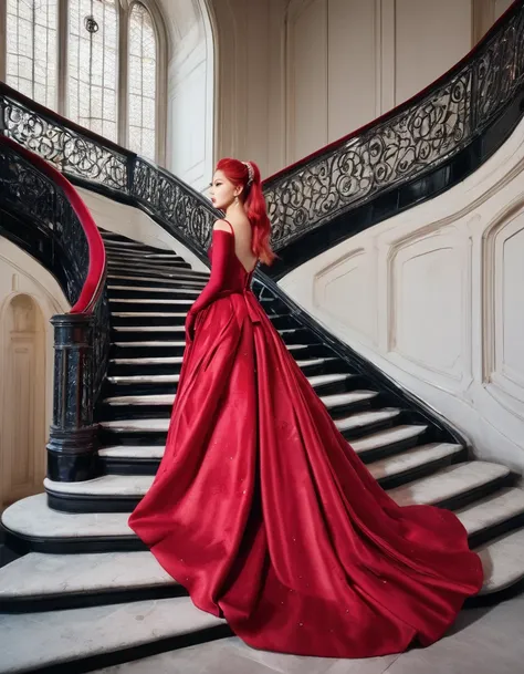 ((masterpiece, Highest quality, Best image quality, High resolution, Realistic, RAW Photos, 8K)), Woman in red evening dress, (Long pink hairhair tied back, Jeweled wig, Long gloves, Glass Slipper, Bare shoulders, Bare back), Looking back from halfway up t...