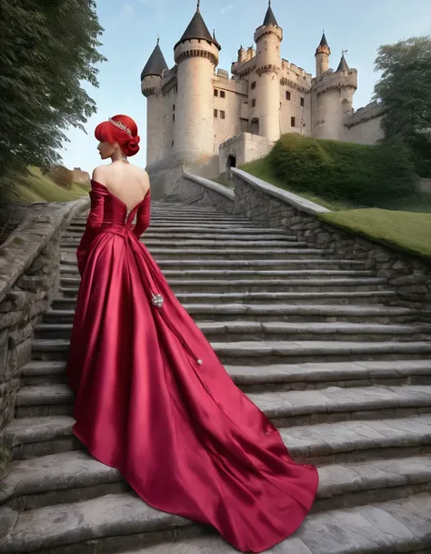 ((masterpiece, Highest quality, Best image quality, High resolution, Realistic, RAW Photos, 8K)), Woman in red evening dress, (Long pink hairhair tied back, Jeweled wig, Long gloves, Glass Slipper, Bare shoulders, Bare back), Looking back from halfway up t...