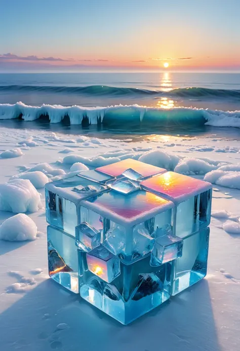 an oil painting：(((sunrise，ocean，horizon，peaceful)))，(ice cubes里的红色玫瑰：1.37)，ice cubes，cube，frozen rose，refracted light