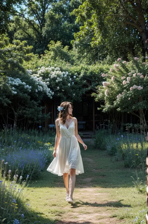 Glade with flowers, blue sky with light clouds, runs through a clearing in a white dress after a flying butterfly