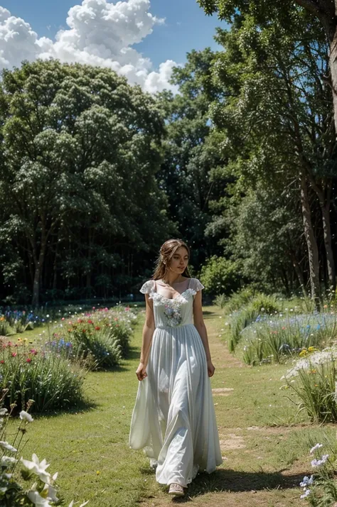 Glade with flowers, blue sky with light clouds, runs through a clearing in a white dress after a flying butterfly