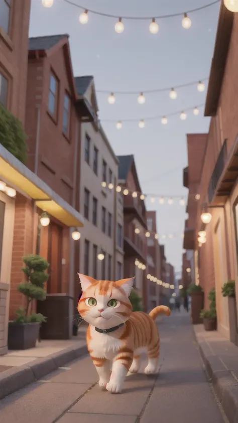 「A big ginger cat街を歩いている。He looks hungry and tired.。」

A big ginger cat、Walking along the sidewalk in the evening city。Old brick buildings and street lights can be seen in the background。The cat looks tired、I&#39;m a little depressed。

Second