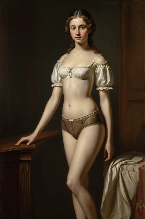 (Best quality, masterpiece:1.2), portrait from the knees of a slender, very beautiful teenage girl, standing, in late 18th century underwear, Dwayne Bryers style