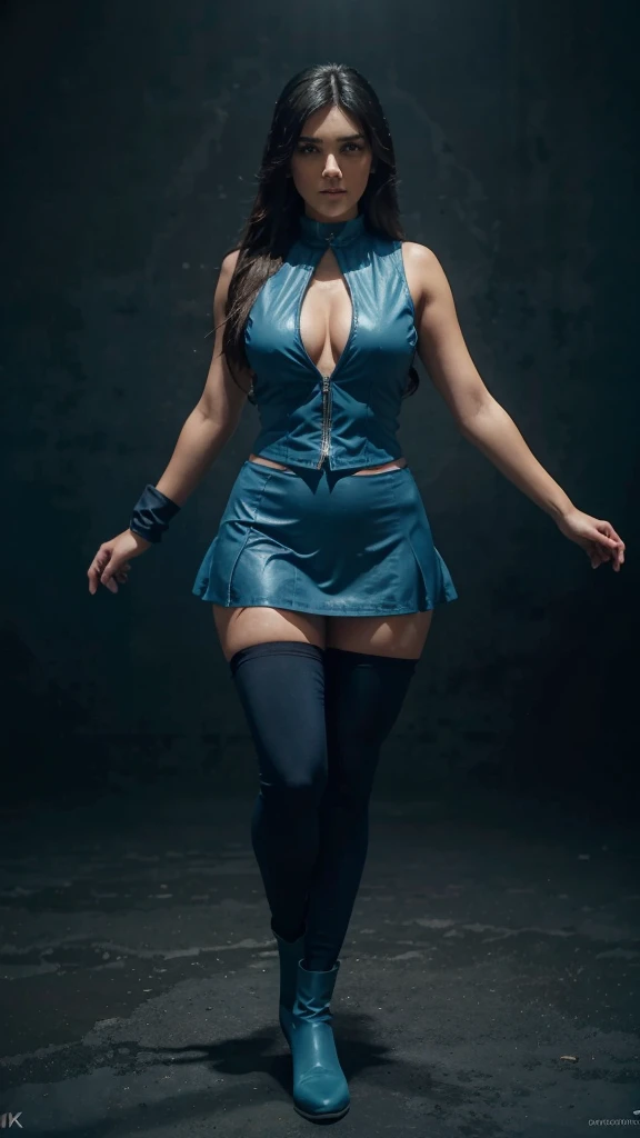 full body length, aesthetic anatomy, Maite Perroni wears Aqua outfit from KonoSubas anime, tight sleeveless dark blue vest, swipe dark blue skirt, hightights dark blue boots, dynamic angle, highly detailed, natural details, masterpiece, 4K quality, 8k reso...