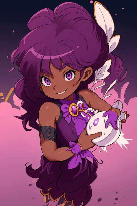 dark skin, 1girl, purple hair, long hair, purple eyes, lipgloss, star twinkle precure outfit, magical girl clothes, mediumbreast...