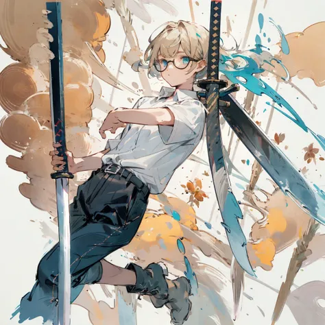 boy, blond, bob hairstyle, turquoise eyes, White shirt, black trousers, yellow round glasses, belted katana, boots on my feet, stands exactly