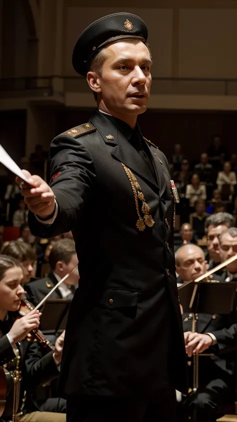 A Russian military conductor proudly conducts a piece of music in front of an orchestra.