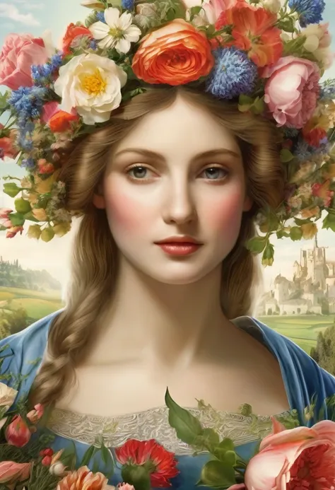 Bouquets that delight our eyes today appeared in France, where in the Middle Ages flower compositions were composed as interior decorations, as decorative elements, and flowers were also used to create hairstyles. Woman in flowers, close-up, high resolutio...