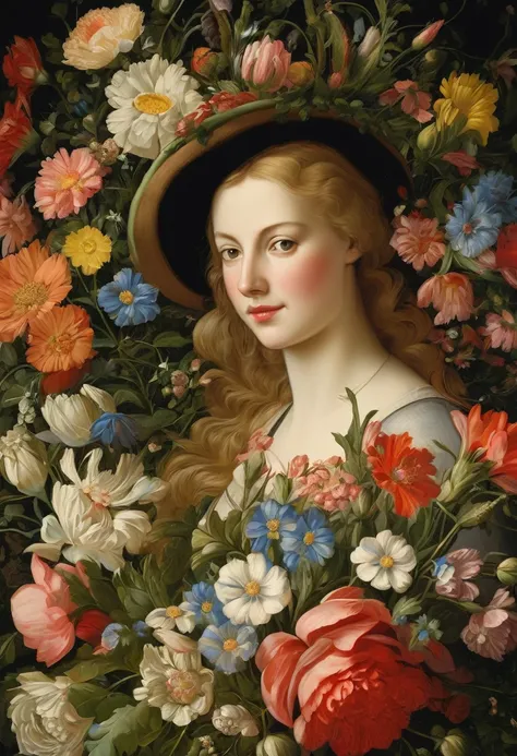 Bouquets that delight our eyes today appeared in France, where in the Middle Ages flower compositions were composed as interior decorations, as decorative elements, and flowers were also used to create hairstyles. Woman in flowers, close-up, high resolutio...