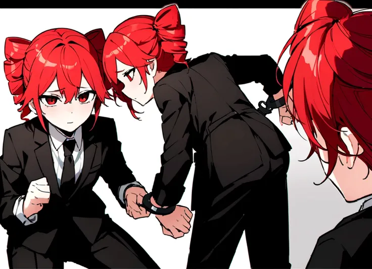 Red hair、Black suit、Black slacks、Wearing leather shoes、Being handcuffed