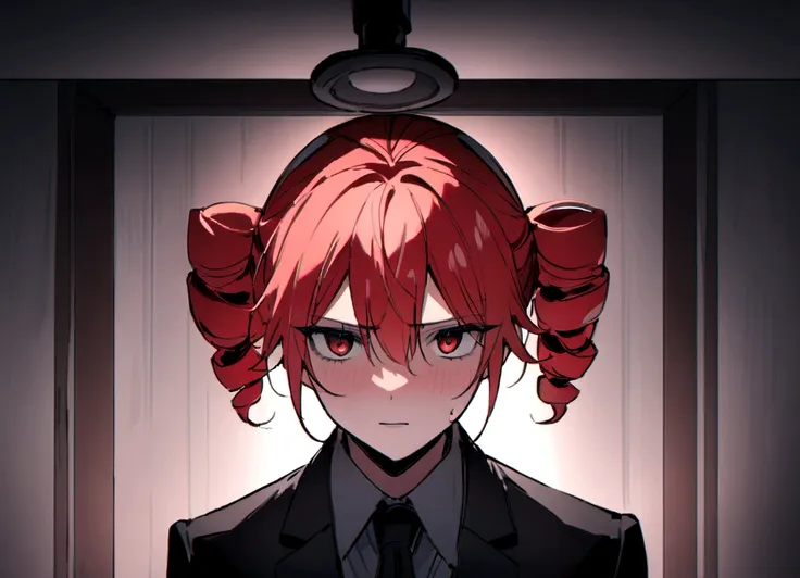 red hair、black suit、black slacks、wearing leather shoes、interrogation room