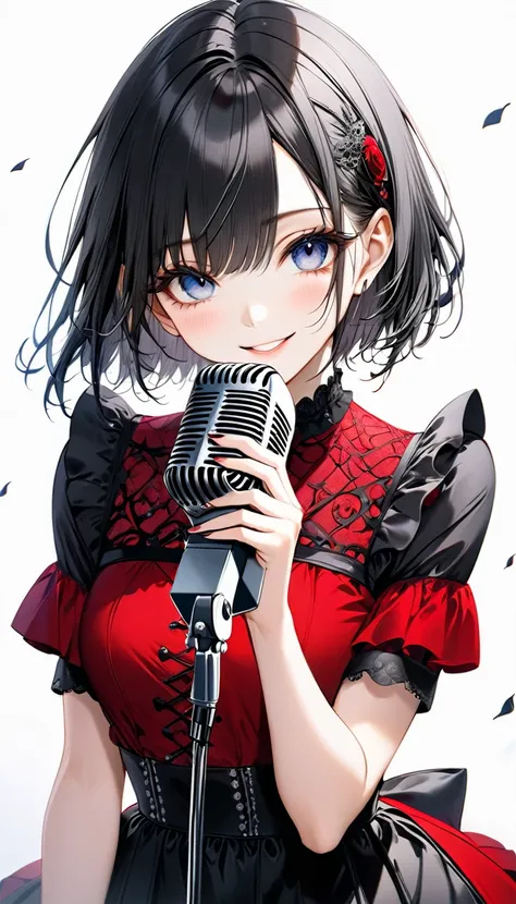 (((White background:1.2)))、(masterpiece、Ultra HD、Masterpiece、４K)、Perfect Style、Scandinavian Gothic Metal Girl, Intricate details, Highly detailed eyes, Black shorthair、Red Gothic Dress, Flash photography, Intricate details、smile、Wear long black bootini ski...