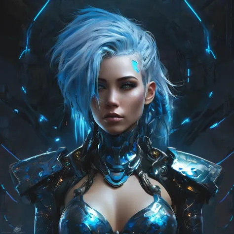 woman with blue hair and black body stands in the dark, cyberpunk art, inspired by Aleksi Briclot, winner of the cgsociety competition, Fantasy art, seductive cyberpunk, dark fantasy, Beautiful biomechanical genie, cyborg goddess in cosmos, cyborg - a girl...