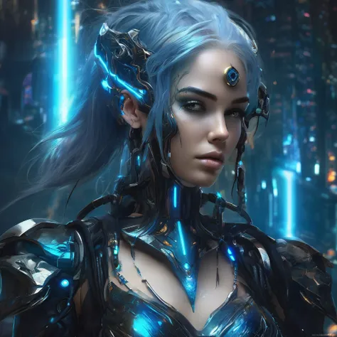 woman with blue hair and black body stands in the dark, cyberpunk art, inspired by Aleksi Briclot, winner of the cgsociety competition, Fantasy art, seductive cyberpunk, dark fantasy, Beautiful biomechanical genie, cyborg goddess in cosmos, cyborg - a girl...