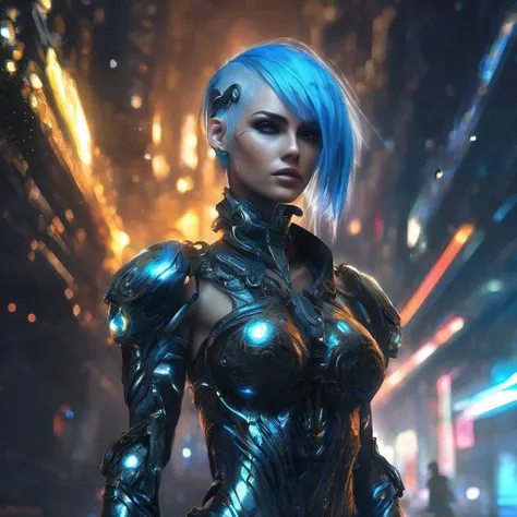 woman with blue hair and black body stands in the dark, cyberpunk art, inspired by Aleksi Briclot, winner of the cgsociety competition, Fantasy art, seductive cyberpunk, dark fantasy, Beautiful biomechanical genie, cyborg goddess in cosmos, cyborg - a girl...