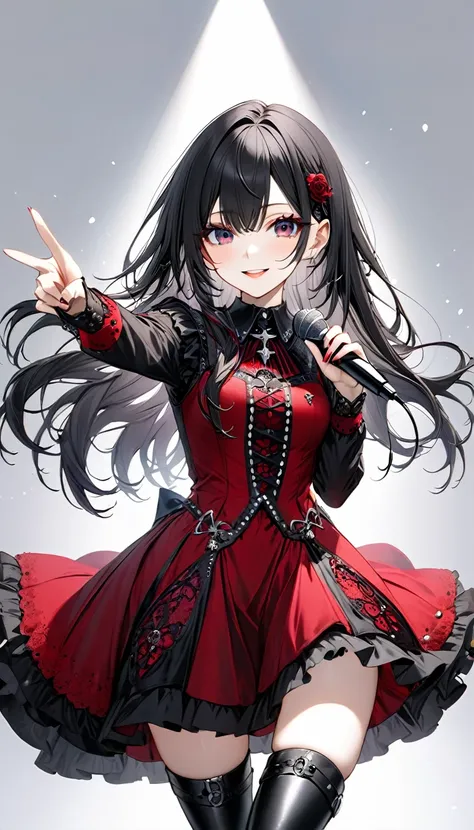 (((White background:1.2)))、(masterpiece、Ultra HD、Masterpiece、４K)、Perfect Style、Scandinavian Gothic Metal Girl, Intricate details, Highly detailed eyes, Gazing into the distance、Black long hair、Red Gothic Dress, Flash photography, Intricate details、smile、We...