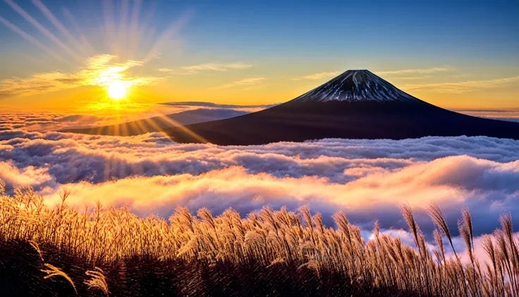 sunrise, sea of clouds, mt. fuji, realistic, photograph, new year's morning,