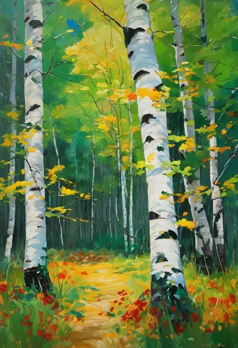 Despite the specific mention of color in the title of the painting, “Green Noise” is by no means monochrome. Even if you do not take into account the gray clouds, white birch trunks and yellow sand, it is clear that the leaves of the trees are made in diff...