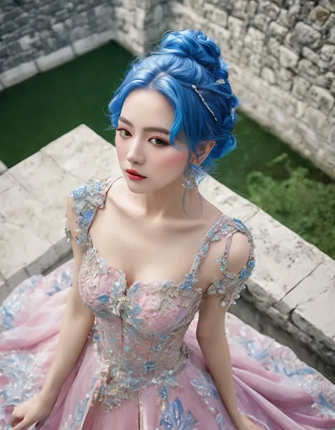 beautifull woamn with pink hair ((masterpiece, Highest quality, Best image quality, High resolution, Realistic, RAW Photos, 8K)), Woman in  sapphire blue and gold marine, an evening dress, (Long pink hair, hair tied back, Jeweled wig, Long gloves, Glass Sl...