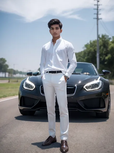 A 18 years old Indian bihari boy, white skin, black short hair, wearing formal white shirt gray pant, stand next to the sport car, motion blur, drop shadow, speed lines, 8k, 16k, 1080P, HD, highres, best quality, award winning, high quality, high details, ...