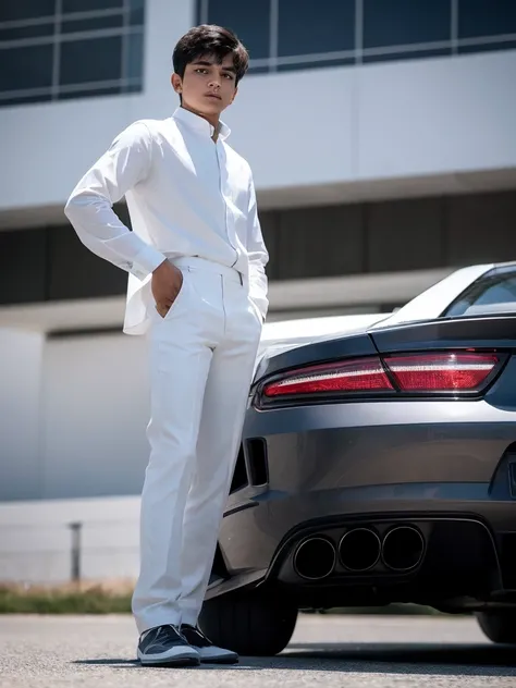 A 18 years old Indian bihari boy, white skin, black short hair, wearing formal white shirt gray pant, stand next to the sport car, motion blur, drop shadow, speed lines, 8k, 16k, 1080P, HD, highres, best quality, award winning, high quality, high details, ...