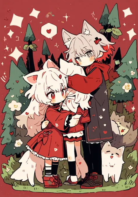 tegaki chibi 2boys wholesome gay male relationship red hood boy and man wolf ears hug in the forest gothic lolita