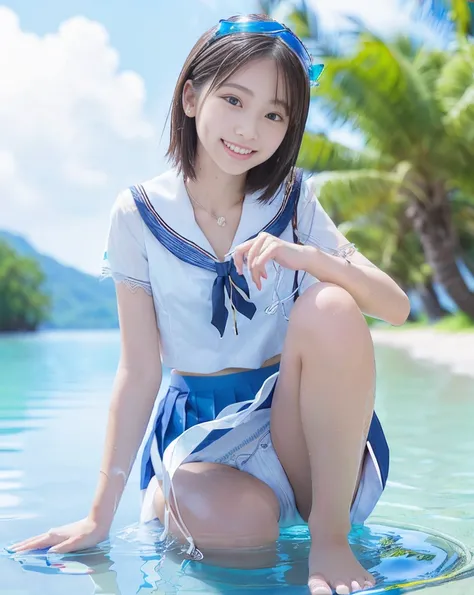 (NFSW)、(High resolution:1.5)、Highest quality,Very detailed,masterpiece,Super detailed,alone,(One 12 year old girl),((Summer School Uniforms:1.5)), Seraphim, ((skirt:1.5)),  smile, Thigh fetish images: 1.5、(((barefoot)))、(Her thighs and white bikini reflect...