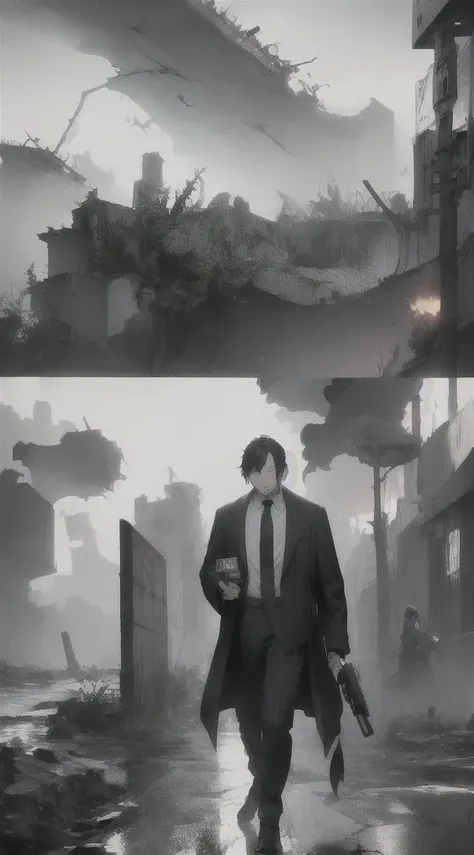 Highest quality, movie quality, scene on the verge of death, ruins, smoking, blood, coat, man (35 years old, tsuntsun head, black hair, coat in a suit, holding a gun in hand, lying on back), rain, fog