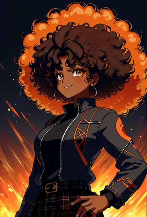 (best quality),(masterpiece), (extremely detailed 8K wallpaper),ultra-detailed,cinematic lighting, detailed light, best shadow, dyanamic angle, 1girl,solo, light skin, a cartoon image of a tanned woman with a big afro hair with frizzy hair wearing an black...