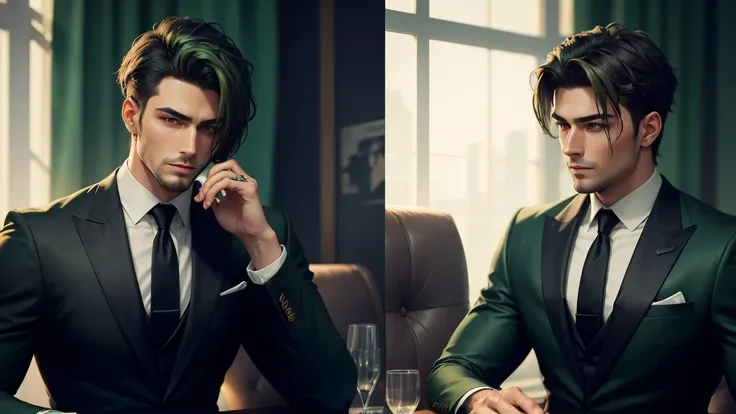 man-black and dark green suite-trading-money-rich-powefull-handsome-green highlights on suite