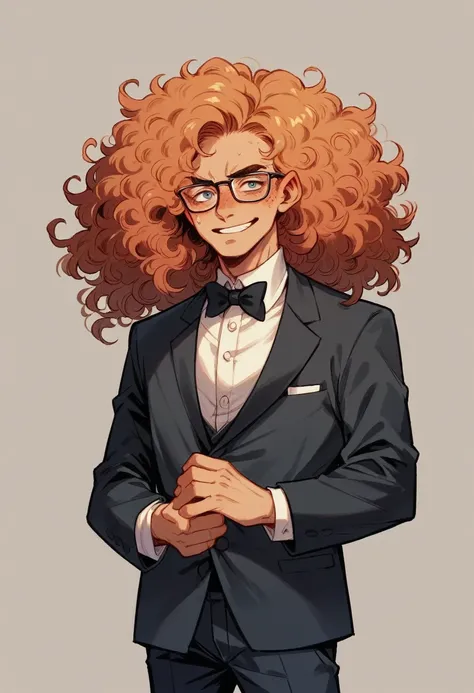 alien in tuxedo, curly hair, nerdy look, gotee