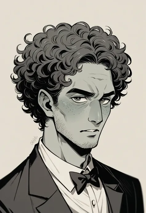 alien in tuxedo, curly hair, nerdy look, gotee