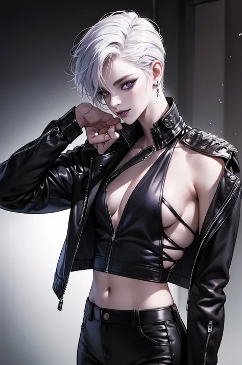 a punk girl, student, hooligan, short messy white hair, purple eyes, black punk clothes, punk, chains, black sleeveless top, baggy black pants, sadistic smile, aggressive, dark purple lipstick, thug, (best quality,4k,8k,highres,masterpiece:1.2),ultra-detai...