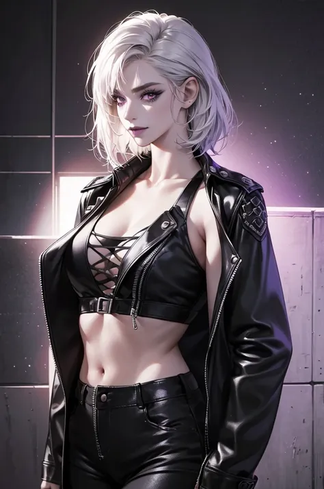 a punk girl, student, hooligan, short messy white hair, purple eyes, black punk clothes, punk, chains, black sleeveless top, baggy black pants, sadistic smile, aggressive, dark purple lipstick, thug, (best quality,4k,8k,highres,masterpiece:1.2),ultra-detai...