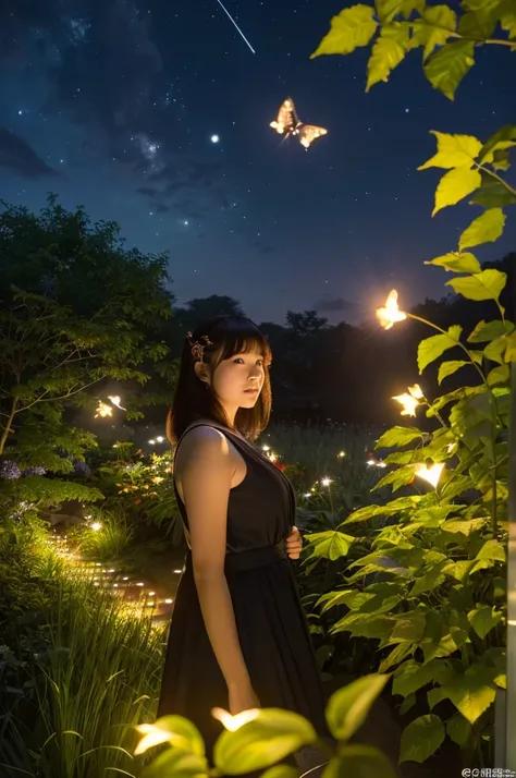 (8K, of the highest quality, masutepiece: 1.2), (Realistic, Photorealistic: 1.37), Super Detail, one girls, Wide-angle angle of view, Firefly Garden, There are many small faint lights and fireflies flying around, Night