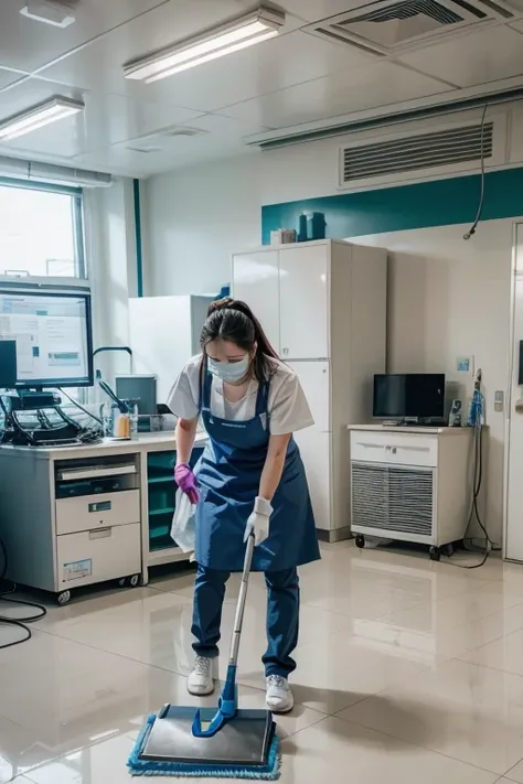 It could generate an image in horizontal format of a cleaning lady cleaning an operating room with modern cleaning equipment?