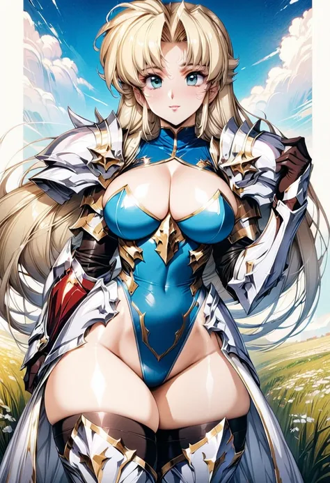 ((highest quality)), ((masterpiece)), ((hyperrealistic)), (detailed background), solo, 1girl, ((voluptuous curvy: 1.2)), kawaii, gentle smile, ((Princess Knight)), langrisser, blonde braided long hair, ((azure camouflage leotard: 1.5)), (paladin armor: 1.3...