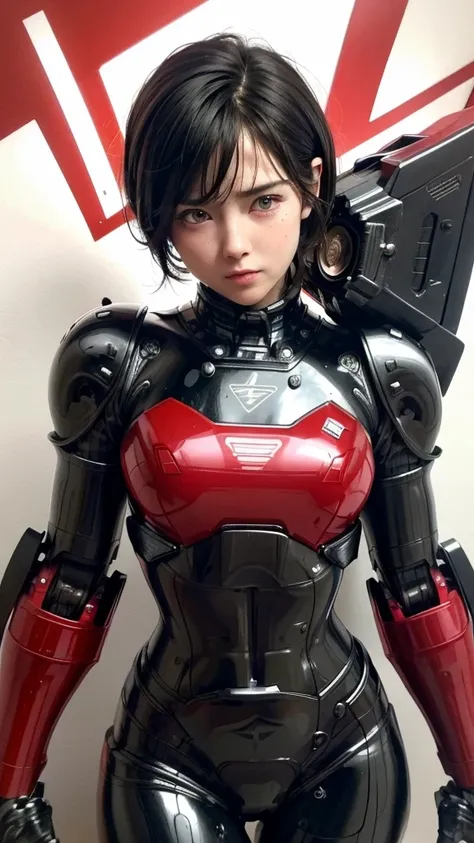 Highest quality　8k red robot　Middle-aged women　Sweaty face　cute　short hair　boyish　Very short hair　Steam coming out of my head　My hair is wet with sweat　The feel of black hair　Full body portrait　My upper body is soaked　 　I can see the vagina　Lying in bed