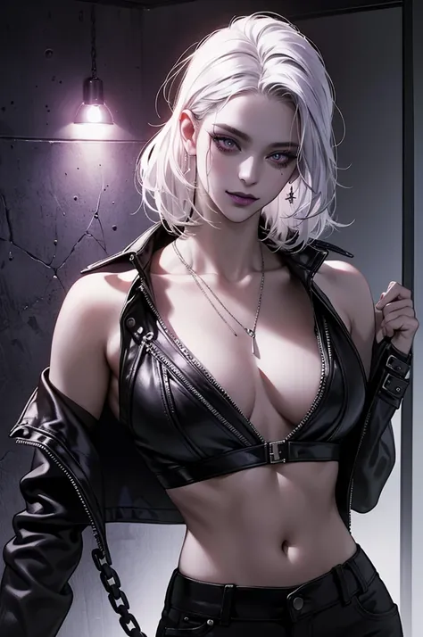 a punk girl, student, hooligan, short messy white hair, purple eyes, black punk clothes, punk, chains, black sleeveless top, baggy black pants, sadistic smile, aggressive, dark purple lipstick, thug, (best quality,4k,8k,highres,masterpiece:1.2),ultra-detai...