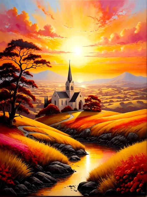 (Sunrise Time:1.6), A breathtaking photo of a new day dawning. The radiant golden-yellow sunrise painting the sky with hues of orange, and pink, casting gentle light on the world below. In the distance, the silhouette of a tranquil church stands resolute a...