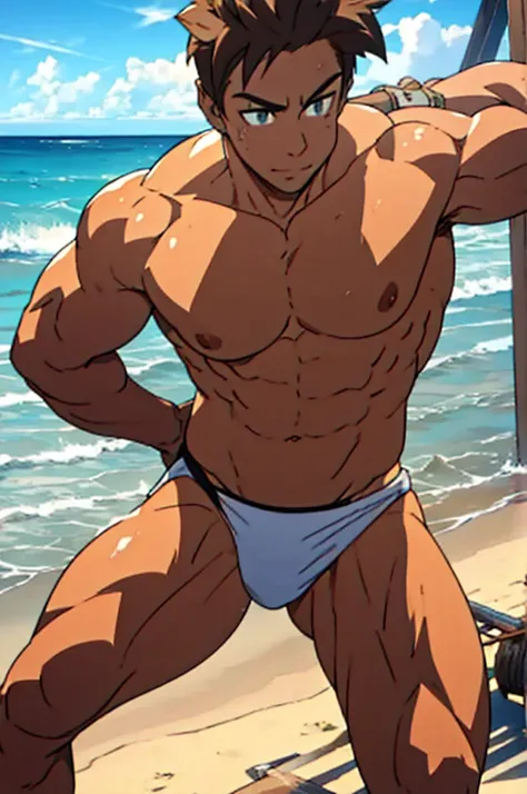 man, muscular young man in string thong, Transparent ,large lump, big chest, on the beach 