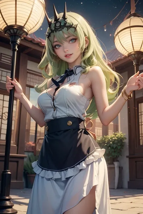 Mobius_(honkai impact 3d), ornament hair, perfectly body, perfectly hands, wave hair, light green hair, long hair, maid, maid dress, maid headdress, maid apron, garden, temple, shrine, outside, Chinese festival scenery, gold lantern, Chinese lantern, firew...