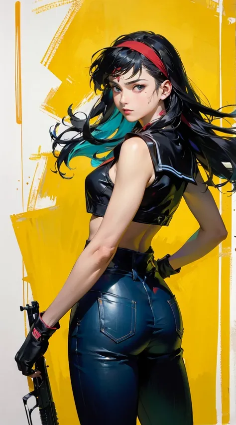 (from behind), (masterpiece, best quality:1.2), expressive eyes, perfect face, highres, 1girl, solo, female version of  Ryu (sf), (female:1.5), black hair, long hair, dougi, fingerless gloves, headband, no pants, standing, cowboy shot, looking at the viewe...