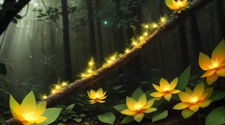 tmasterpiece, beste-Qualit, (очень Dетализированные обои CG unity 8k), (beste-Qualit), (the best illustration), (best shadows), glow sprite,  Natural elements in the forest theme . Mysterious forest, Beautiful forest, Nature surrounded by flowers, tender l...