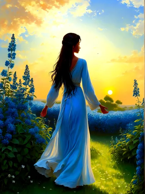 (Dawn sunrise time:1.6)，In the fragrant garden, The blind girl stood there，Open your arms, Gently touch the petals she encounters, Connect with nature and sweet blue flowers, The individual stands tall in awe and wonder under the expansive sky, their silho...