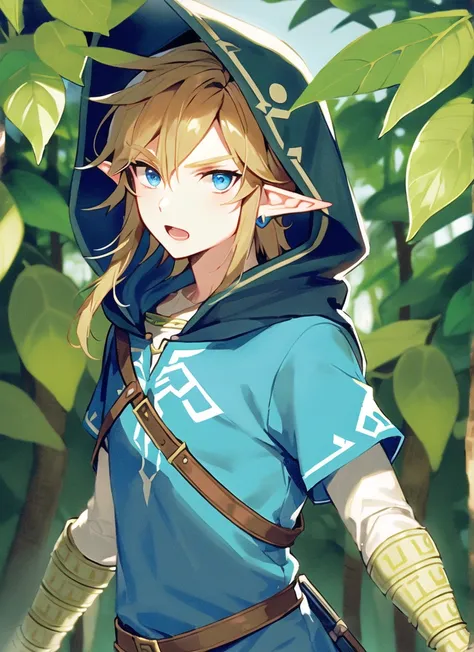 link, the legend of zelda, the legend of zelda: breath of the wild, 1boy, blue eyes, blue tunic, hood, hood up, leaf, light brow...