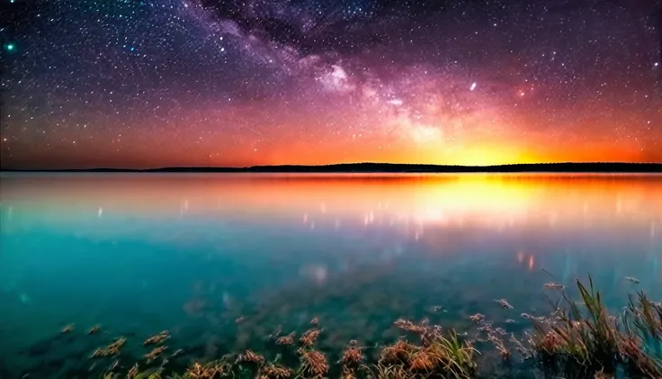 beautiful starry sky, tranquil waters, the sun is about to rise above the horizon, photograph, artistic,