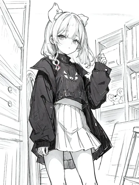 One Girl,Line art,Monochrome,sketch,Pencil drawing,Traditional Media,One Girl, Upper body,Shes in trouble,pattern,sweater,Beaver ,Delicate body、mini skirt、black tights、Open leg pose、, Long sleeve, With legs apart, alone、(Cute Teenage Girl, alone),Beautiful...