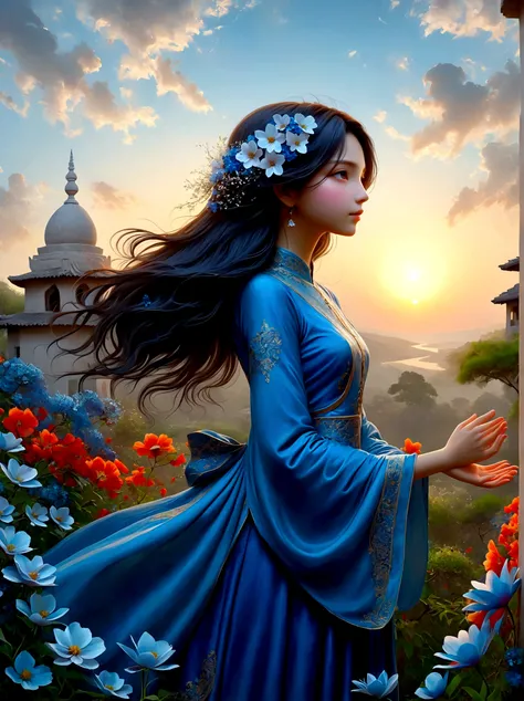 (Dawn sunrise time:1.6)，In the fragrant garden, The blind girl stood there，Open your arms, Gently touch the petals she encounters, Connect with nature and sweet blue flowers, The individual stands tall in awe and wonder under the expansive sky, their silho...