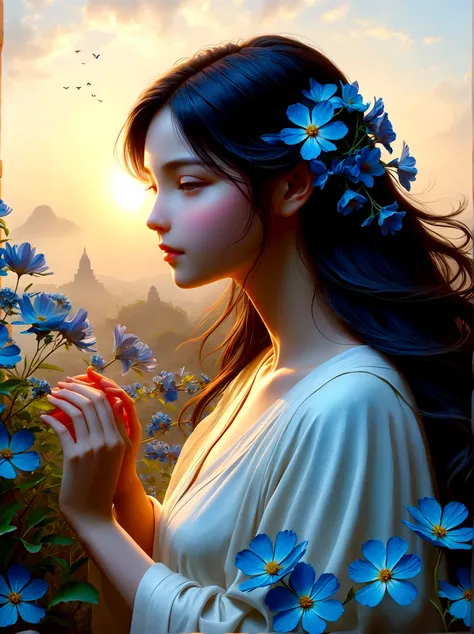 (Dawn sunrise time:1.6)，In the fragrant garden, The blind girl stood there，Open your arms, Gently touch the petals she encounters, Connect with nature and sweet blue flowers, The individual stands tall in awe and wonder under the expansive sky, their silho...